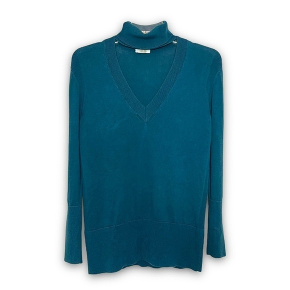 TOME Merino Wool Blend Cutout V-Neckline Turtleneck Ribbed Knit Trim Sweater M - Picture 3 of 8